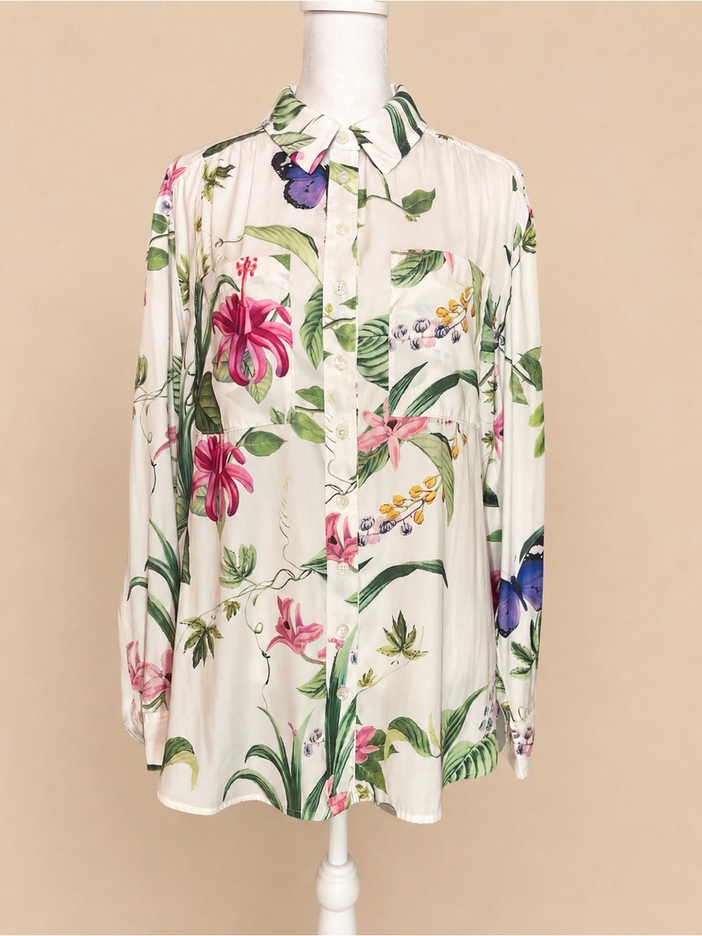 🦋🌿 Philosophy Tropical Butterfly Botanical Tunic Blouse • Medium
